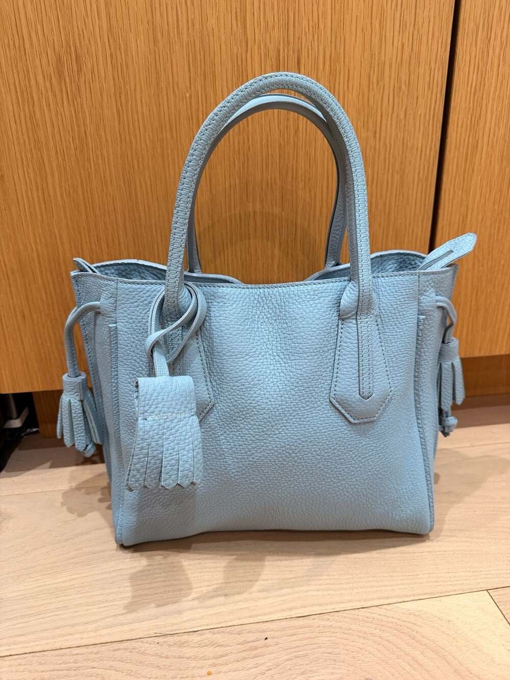 Longchamp Penelope Light Blue Pebbled Leather Tassel Tote Bag